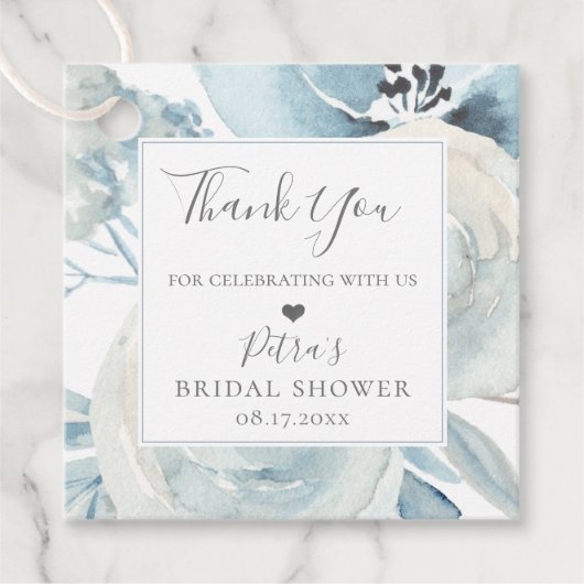 Étiquettes Cadeau Bouquet Floral Bleu Poussiéreux Rustique Merci (Devant)