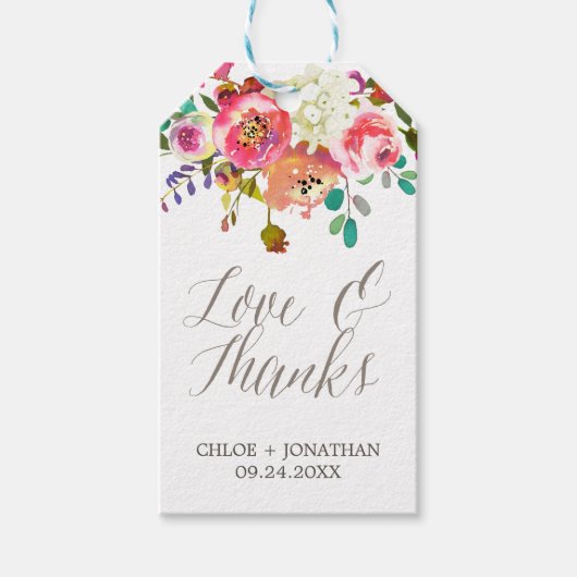 Étiquettes-cadeau Bouquet simple Aquarelle "Amour & Merci" Mariage (Devant)