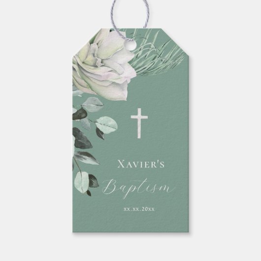 Étiquettes-cadeau bouquet vert blanc Baptême (Devant)