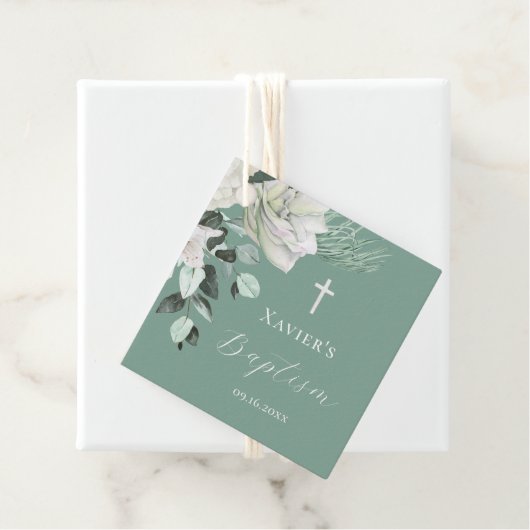 Étiquettes Cadeau bouquet vert blanc Baptême (En situation)