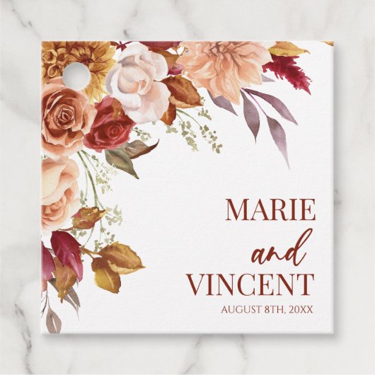 Étiquettes Cadeau Bourgogne Burange Brown Floral Mariage (Devant)