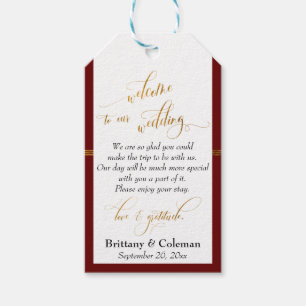 Étiquettes-cadeau Bourgogne et Gold Welcome Mariage Amour & Gratitud