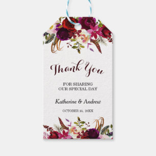 Étiquettes-cadeau Bourgogne Marsala Floral Mariage d'automne Merci