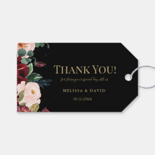 Étiquettes-cadeau Bourgogne romantique, rose, bleu et Merci noir