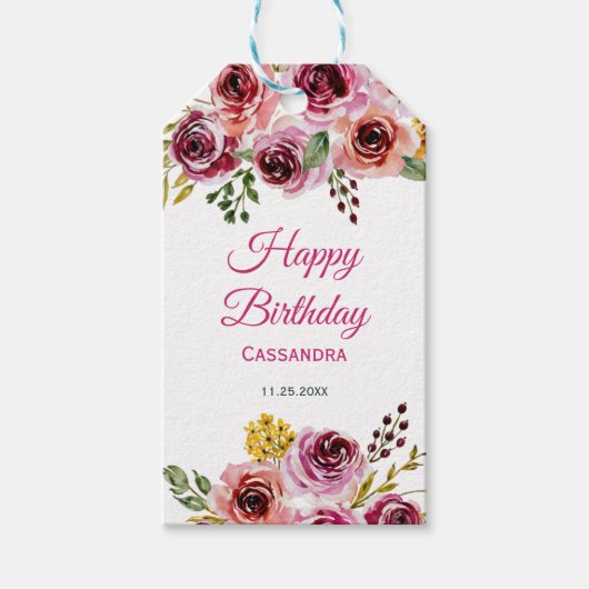 Étiquettes-cadeau Bourgogne violet Rose Rustique Floral Anniversaire (Devant)