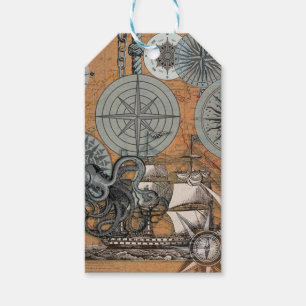 Étiquettes-cadeau Boussole Rose Vintage Nautique Octopus Ship