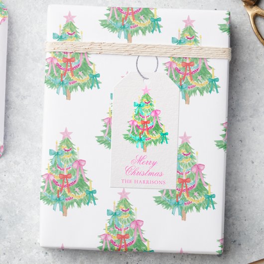 Étiquettes-cadeau Bow Arbre de Noël de la coquette aquarelle