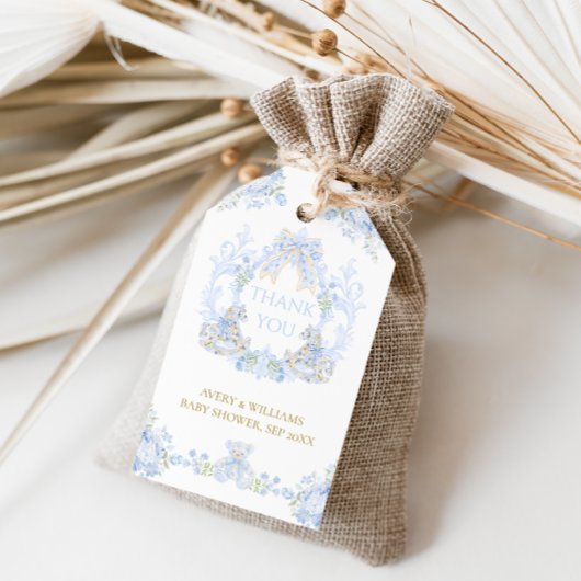 Étiquettes-cadeau Bow Floral Crest Rustic Blue Boy Baby shower