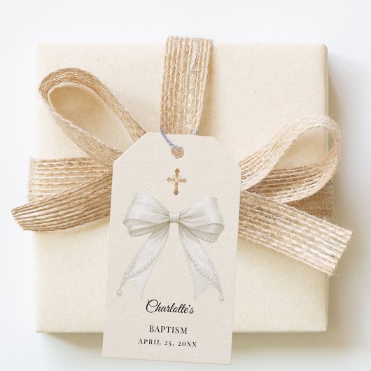 Étiquettes-cadeau Bow ivory pearls Baptism DIY
