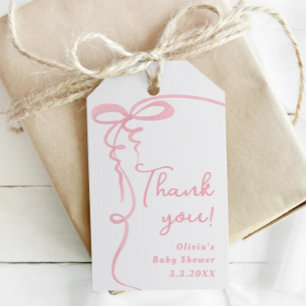 Étiquettes-cadeau Bow ondulé cadre rose minuscule fille merci