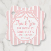 Étiquettes Cadeau Bow rose avec des rayures Baby shower Popcorn (Devant)