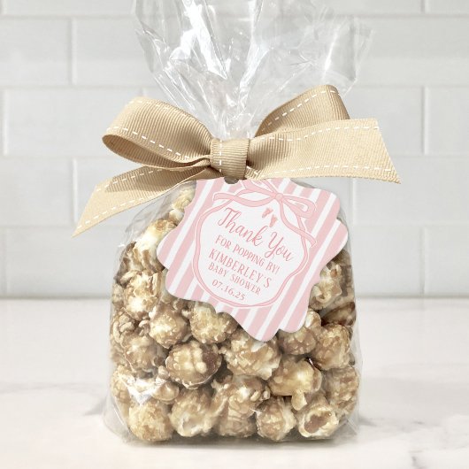 Étiquettes Cadeau Bow rose avec des rayures Baby shower Popcorn