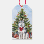 Étiquettes-cadeau Bow rouge Sibérien Husky Chien de Noël Arbre (Devant)