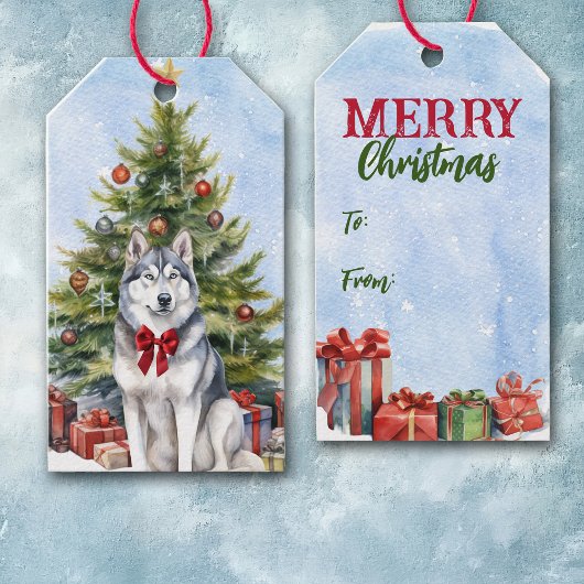 Étiquettes-cadeau Bow rouge Sibérien Husky Chien de Noël Arbre