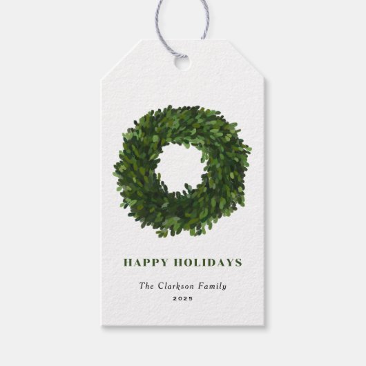 Étiquettes-cadeau Boxwood Peint à la main Wreath Joyeux vacances (Devant)
