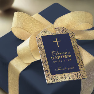 Étiquettes-cadeau Boy Baptism Vintage Gold Roses Marine Bleu Élégant