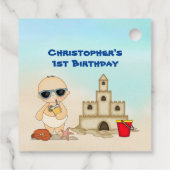 Étiquettes Cadeau Boy Beach Baby Sandcastle in Surfboard 1er anniver (Dos)