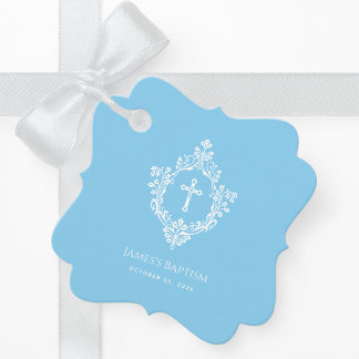 Étiquettes Cadeau Boy Christening Baby Blue Cross in Crest Baptism