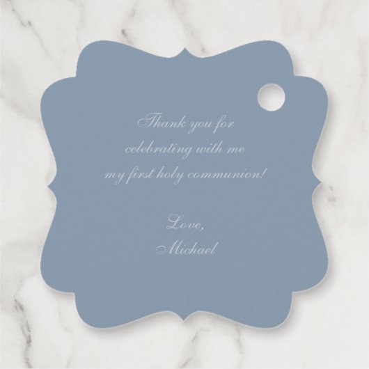 Étiquettes Cadeau Boy First Communion Dusty Blue Elegant Crest Cross (Dos)