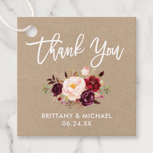 Étiquettes Cadeau Bracelet Script Bourgogne Mariage Kraft Merci (Devant)