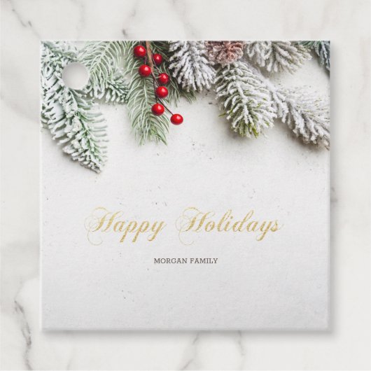 Étiquettes Cadeau Branches de pin enneigées Noël  (Devant)
