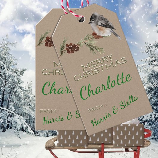 Étiquettes-cadeau Branches Rustiques Kraft Winter Sparrow Bird & Pin