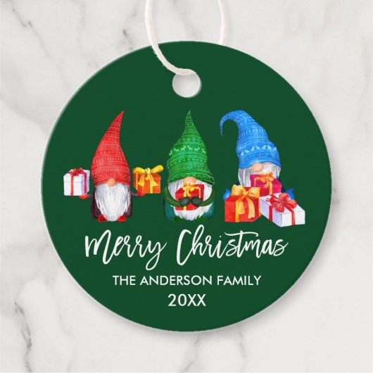 Étiquettes Cadeau Brosse Script Noël Aquarelle Gnomes Vert (Devant)