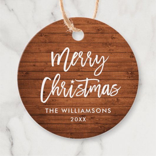 Étiquettes Cadeau Brosse Script Rustique Bois de Noël Star Twine (Devant)