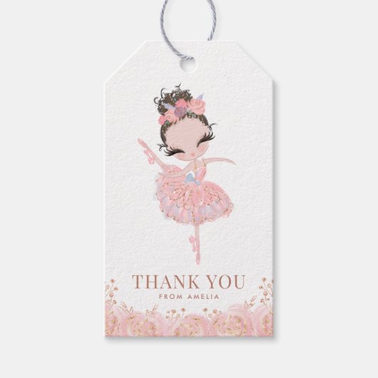 Étiquettes-cadeau Brunette Girl Ballerina en Robe Rose Anniversaire (Devant)