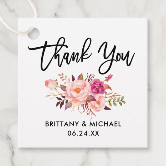 Étiquettes Cadeau Brush Script rose Mariage Merci rose (Devant)