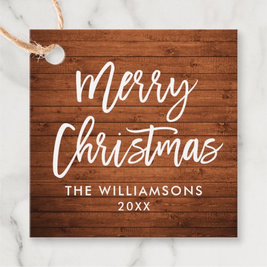 Étiquettes Cadeau Brush Script Rustique Carré de Noël en bois (Devant)