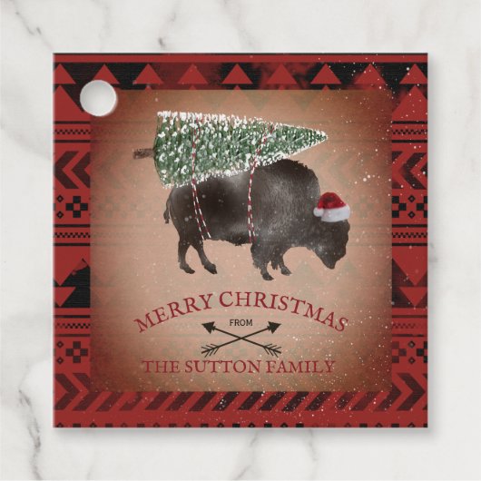 Étiquettes Cadeau Buffalo Bison Père Noël Joyeux sapin de Noël Neige (Devant)