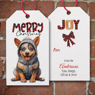 Étiquettes-cadeau Buffalo Plaid Text Aussie Chien de bétail Noël