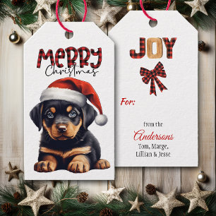 Étiquettes-cadeau Buffalo Plaid Text Rottweiler Puppy Christmas