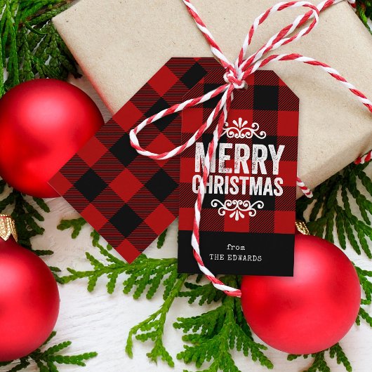 Étiquettes-cadeau Buffle rouge et noir Vérifier Noël rustique