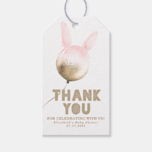 Étiquettes-cadeau Bunny Balloon or et Brown Merci rose