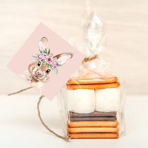 Étiquettes Cadeau Bunny D'Aquarelle Rose Pastel Moderne Avec Fleurs