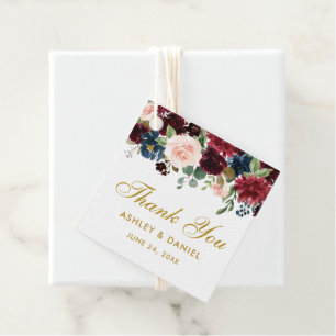 Étiquettes Cadeau Burgundy Blue Floral Mariage Merci or