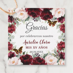 Étiquettes Cadeau Burgundy Blush Fleurs Quinceañera Papillons