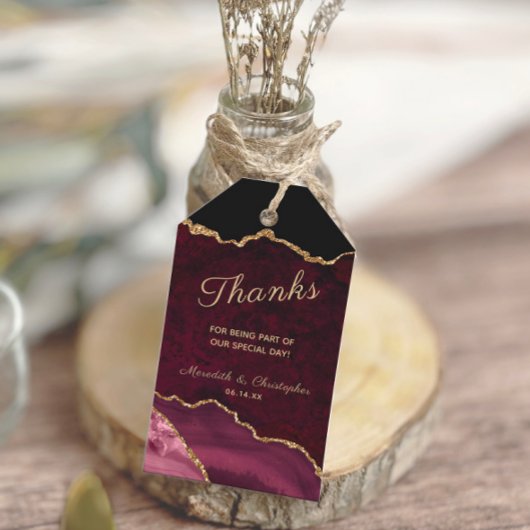 Étiquettes-cadeau Burgundy Gold Agate Geode Merci Mariage