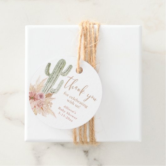 Étiquettes Cadeau Cactus rose floral boho fille baby shower merci (En situation)