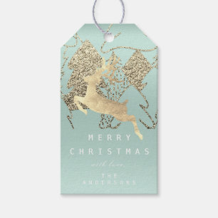 Étiquettes-cadeau Cadeau À Reindeer Aqua Gold Christmas Tree