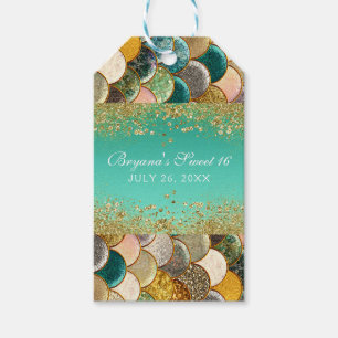 Étiquettes-cadeau Cadeau de fête d'anniversaire écailles sarcelle or