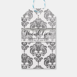 Étiquettes-cadeau Cadeau de mariage vintage en damas argent et blanc