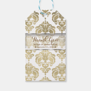 Étiquettes-cadeau Cadeau de mariage vintage en damas or et blanc
