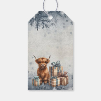 Étiquettes-cadeau Cadeaux de vache Highland bleue d'hiver