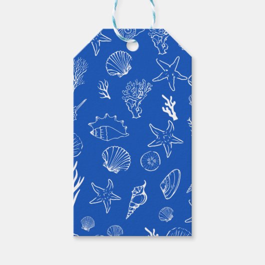 Étiquettes-cadeau Cadre de Coquillages d'Été Mariage Plage Bleu (Devant)