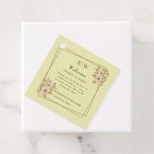 Étiquettes Cadeau Cadre rose - Mariage jaune céleste Monogramme (En situation)