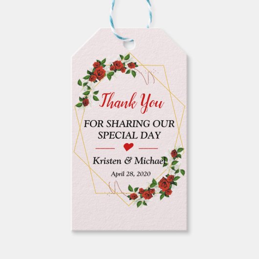 Étiquettes-cadeau Cadre rouge Or Floral Mariage Favor Merci (Devant)