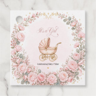 Étiquettes Cadeau Calèche Rose C'est une Fille Baby Shower Personnal